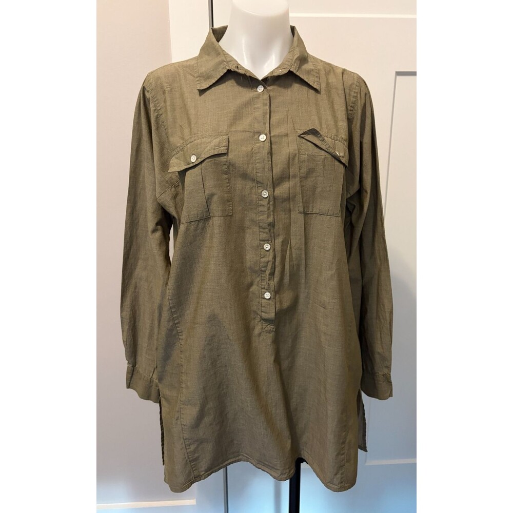 J CREW Womens Button Tunic TOP Long Sleeve GREEN Chest Pockets Size M